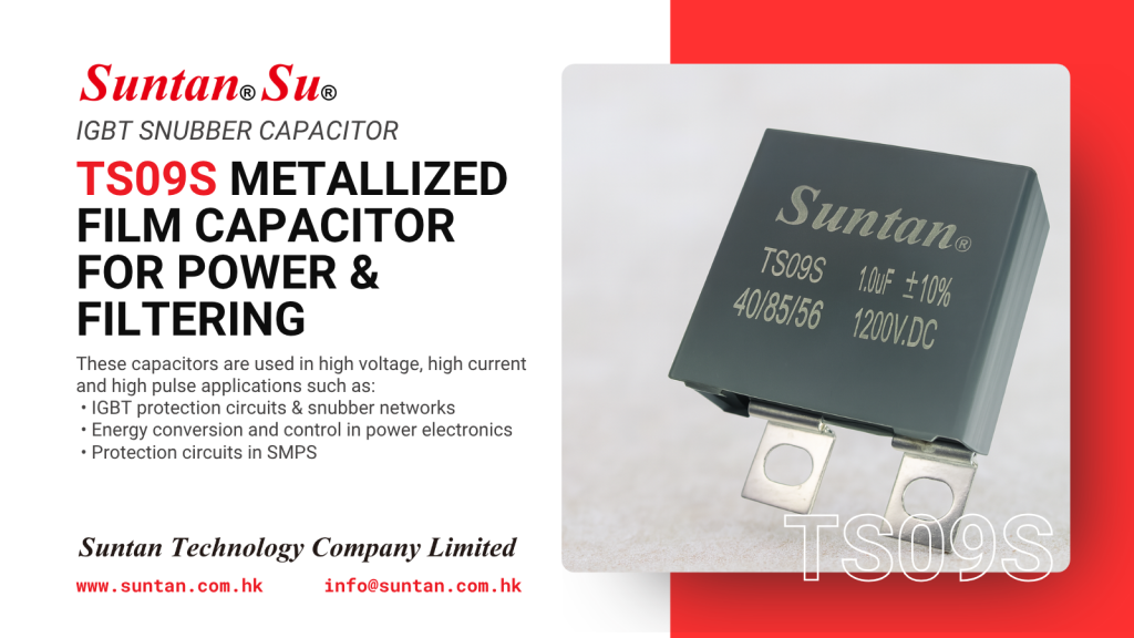 Suntan TS09S Metallized Film Capacitor for AC filtering and stable performance in power systems.
