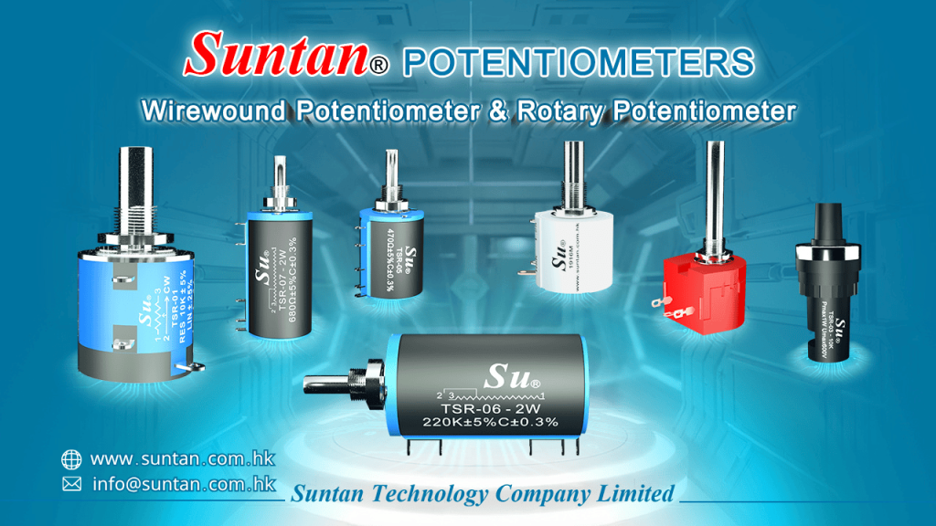 Suntan Potentiometers product lineup featuring Wirewound and Rotary Potentiometers including TSR-06, designed for precision adjustment in industrial and electronic applications. Blue-toned background with multiple potentiometer models.