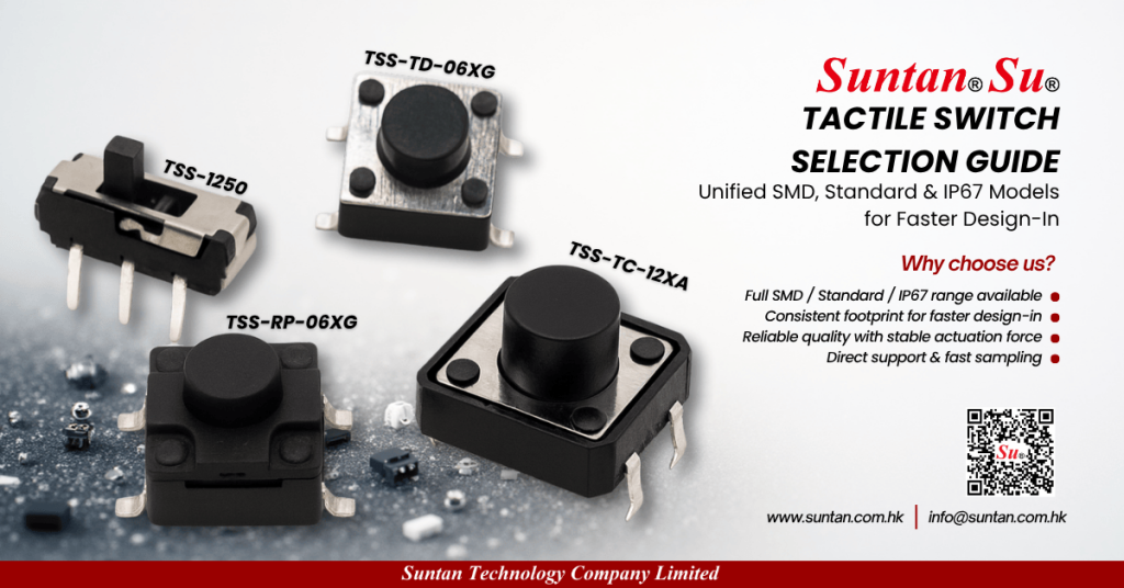 “Suntan tactile switch selection guide featuring four models—TSS-1250, TSS-TD-06XG, TSS-RP-06XG, and TSS-TC-12XA—showing SMD, standard and IP67 options for faster design-in.
