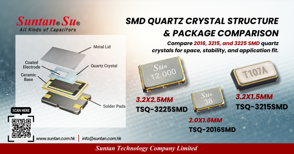 SMD quartz crystal structure and size comparison of TSQ-2016, TSQ-3215, and TSQ-3225 packages showing internal layers and package dimensions.