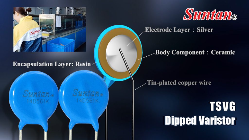 Suntan TSVG dipped varistor internal structure showing silver electrode ceramic body resin encapsulation and tin plated copper lead