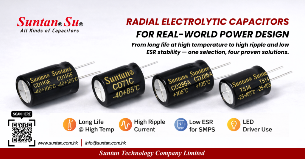 Radial electrolytic capacitors for power and LED driver applications, showing TS14, CD286A, CD71C and CD11GE series with temperature and lifetime markings